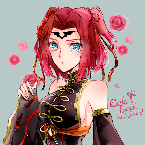 1girl bare_shoulders blue_eyes breasts chinese_clothes code_geass detached_sleeves facial_mark flower forehead_mark hair_flower hair_ornament hair_ribbon high_collar ilohasvio kallen_stadtfeld large_breasts looking_at_viewer red_flower redhead ribbon short_hair sideboob solo two_side_up