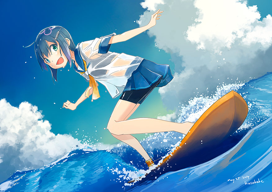 1girl artist_name bikini blue_hair blue_sky clouds commentary_request dated hair_ornament hairclip kusakabe_(kusakabeworks) ocean original outdoors school_uniform see-through serafuku short_hair sky solo surfboard surfing swimsuit swimsuit_under_clothes water waves wet wet_clothes