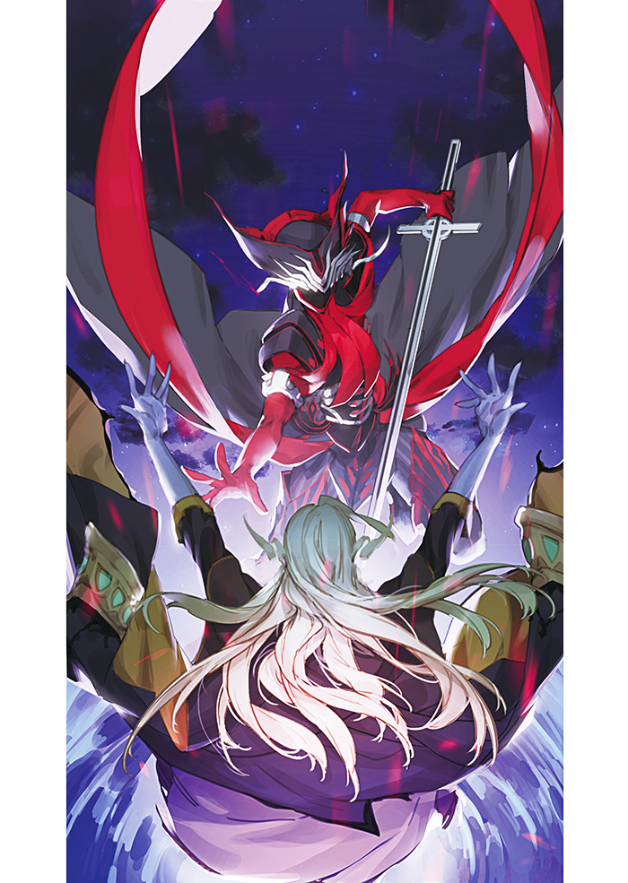 2boys antonio_salieri_(fate/grand_order) battle black_gloves blonde_hair blue_background coat fate/grand_order fate_(series) gloves holding holding_sword holding_weapon jacket_on_shoulders krab long_hair male_focus mask multiple_boys outstretched_arms spread_arms sword weapon wolfgang_amadeus_mozart_(fate/grand_order)