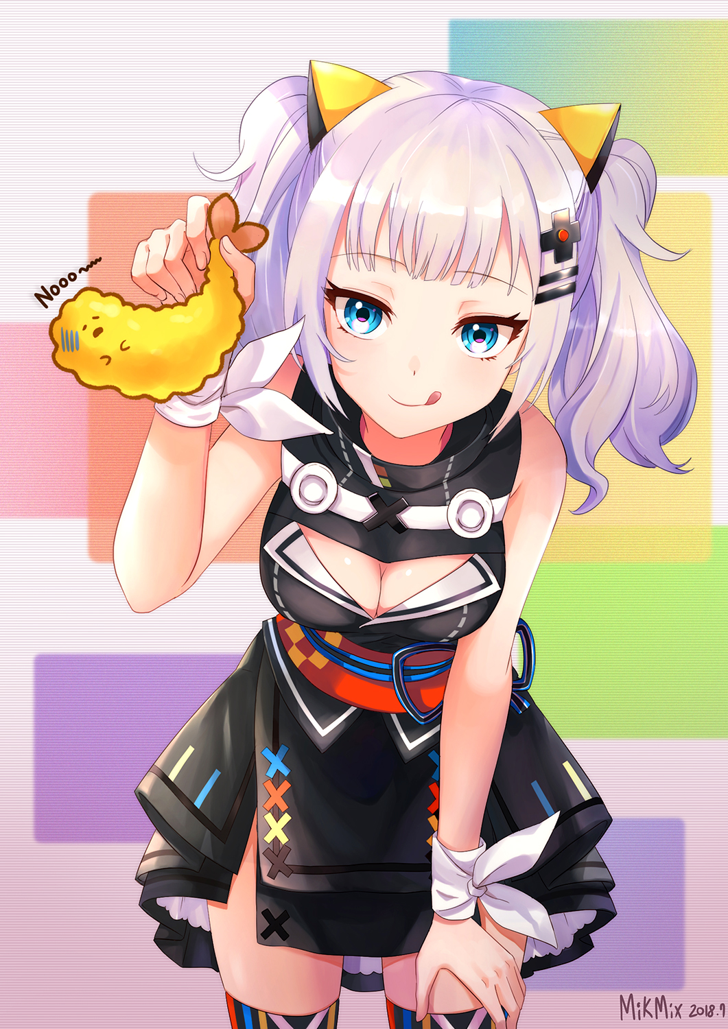1girl 2018 :q animal_ears artist_name bangs black_jacket black_skirt blue_eyes bow breasts cat_ears cleavage cleavage_cutout cowboy_shot dated hair_ornament hairclip hand_on_lap highres holding jacket kaguya_luna kaguya_luna_(character) leaning_forward long_hair looking_at_viewer medium_breasts mikmix miniskirt shiny shiny_hair silver_hair skirt sleeveless_jacket solo standing thigh-highs tongue tongue_out twintails virtual_youtuber white_bow