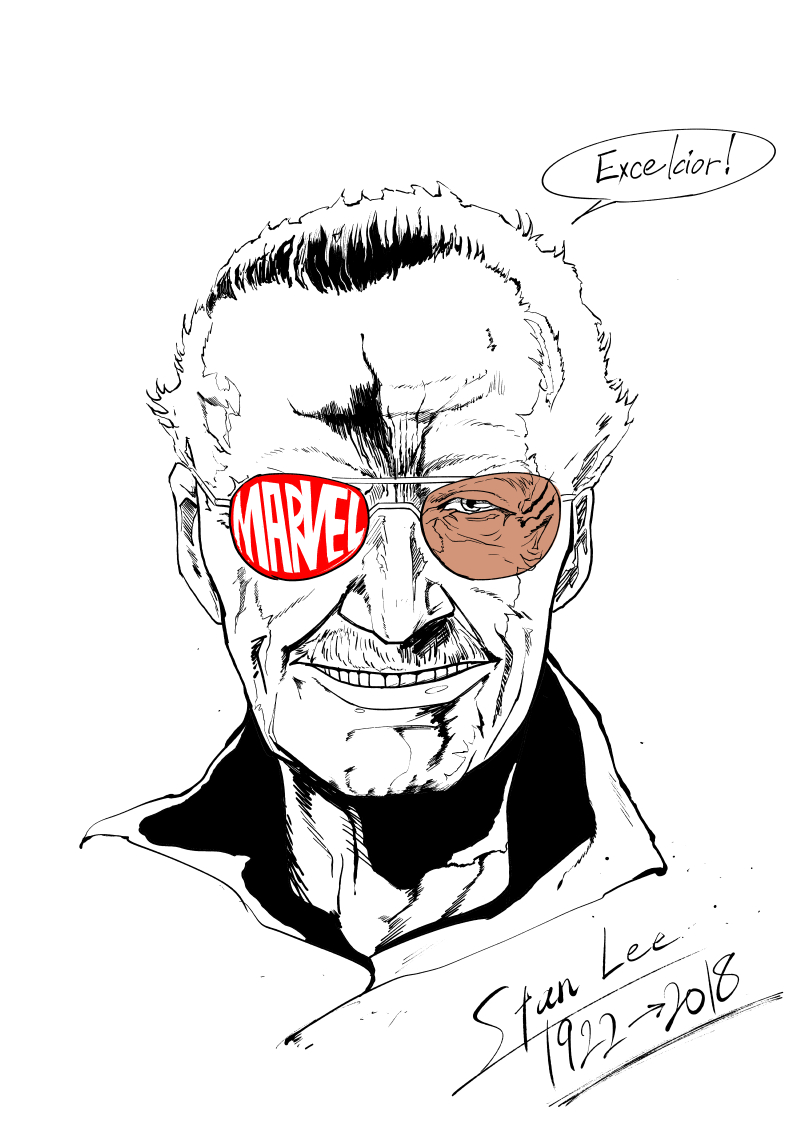 1boy 2018 character_name commentary_request company_name english facial_hair latin looking_at_viewer male_focus marvel mustache nanbaba short_hair smile speech_bubble spot_color stan_lee sunglasses