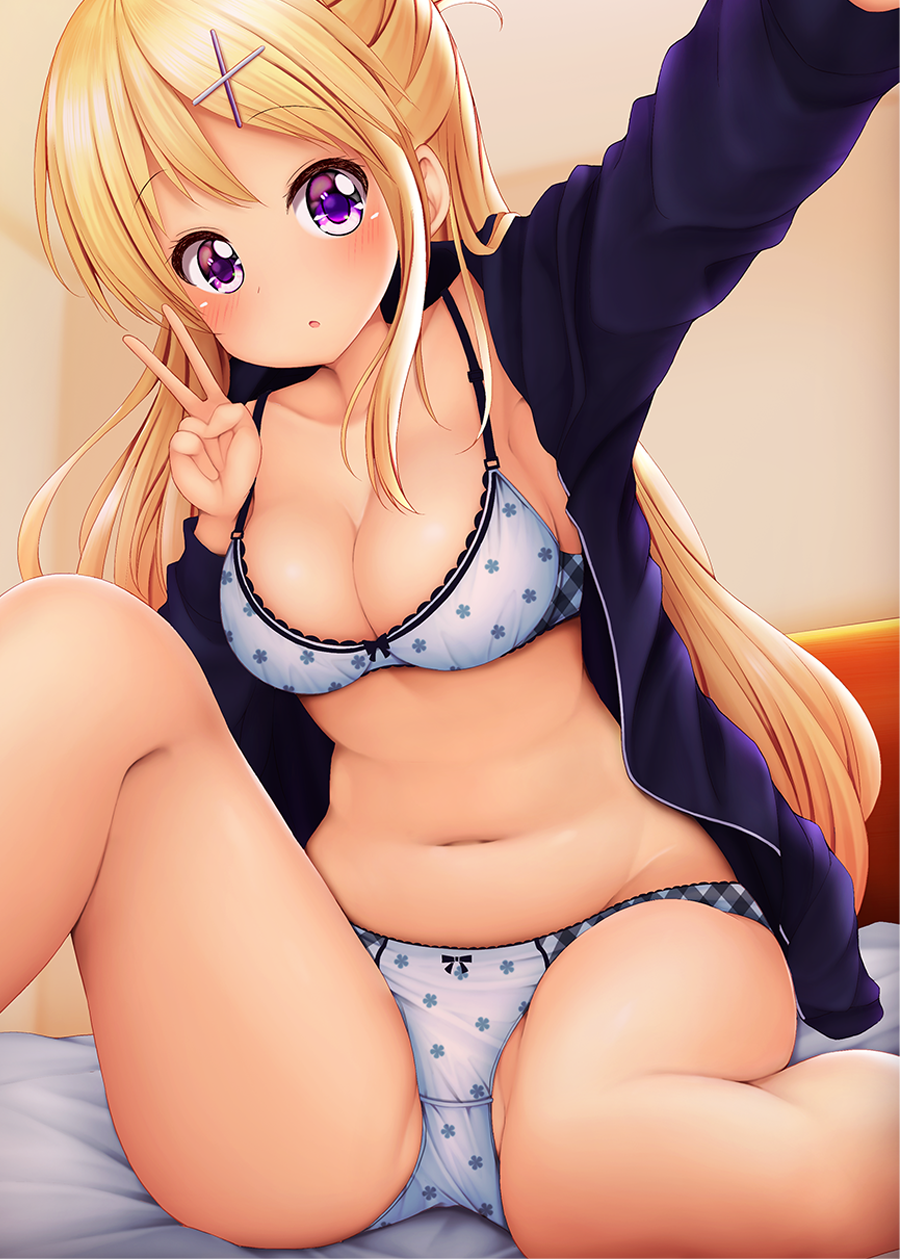 1girl :o arm_up bangs blonde_hair blush bow bow_bra bow_panties bra breasts cleavage collarbone commentary_request eyebrows_visible_through_hair hair_ornament hairclip hand_up head_tilt highres indoors jacket kin-iro_mosaic kujou_karen long_hair medium_breasts minato_(ojitan_gozaru) navel open_clothes open_jacket outstretched_arm panties parted_lips purple_jacket reaching_out self_shot sitting solo underwear v very_long_hair violet_eyes white_bra white_panties x_hair_ornament