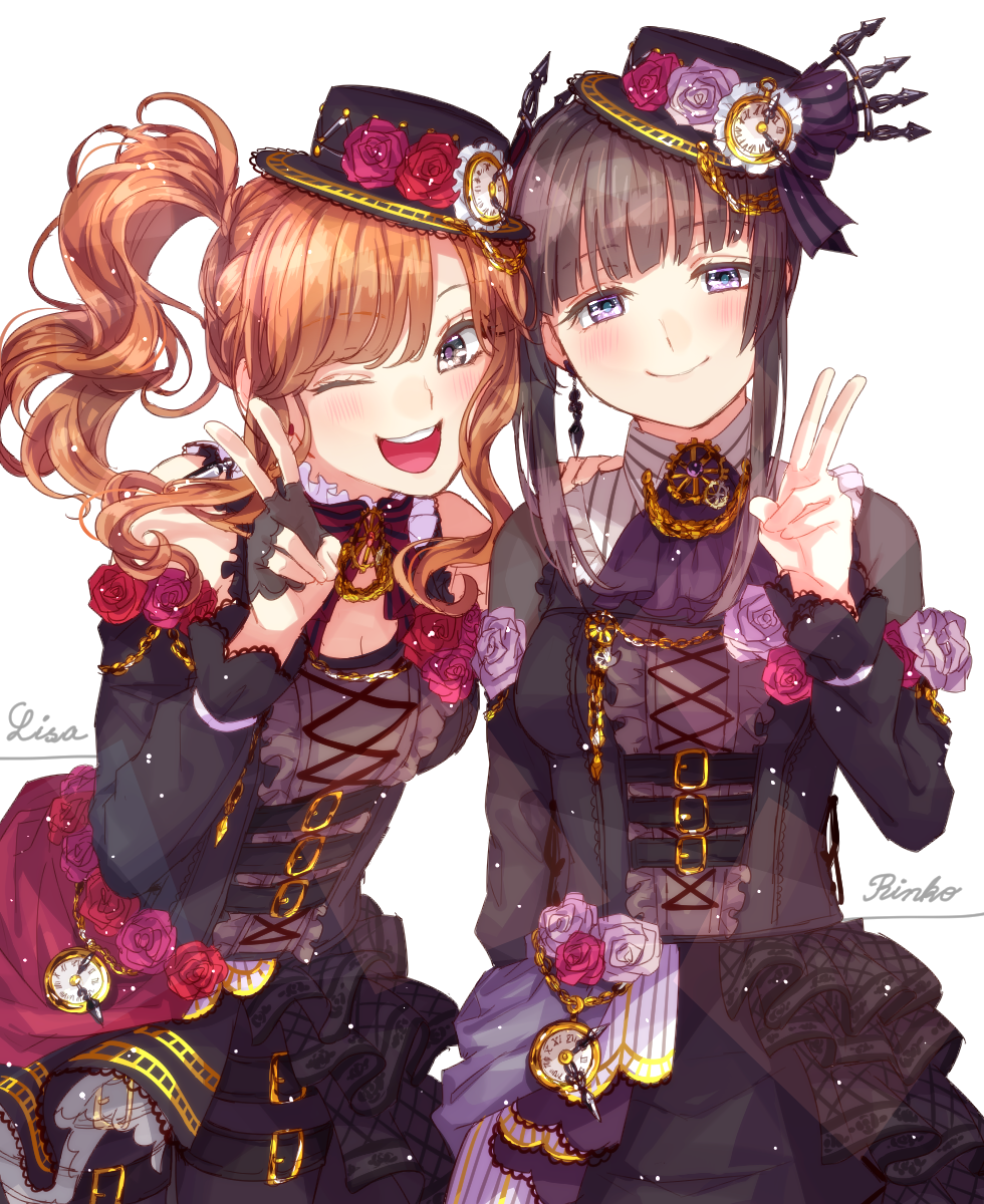 2girls ;d bang_dream! bangs belt black_dress black_gloves black_hair black_hat black_ribbon braid brown_eyes brown_hair center_frills character_name cross-laced_clothes crown_braid dress earrings fingerless_gloves flower frills gloves half_gloves hand_on_another's_shoulder hat hat_flower hat_ribbon highres imai_lisa jewelry long_hair long_sleeves looking_at_viewer multiple_girls niro_(sikabanekurui) one_eye_closed open_mouth pink_flower pink_rose pocket_watch red_flower red_rose ribbon rose shirokane_rinko side_ponytail sidelocks smile striped striped_ribbon v violet_eyes watch