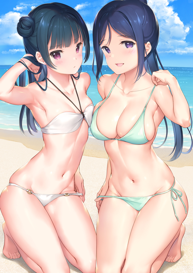 2girls arm_up armpits asymmetrical_docking bandeau bangs bare_arms bare_legs bare_shoulders barefoot beach bikini bikini_pull black_hair blue_hair blush breast_press breasts cleavage clouds collarbone day embarrassed eyebrows_visible_through_hair green_bikini hair_brushing hair_tucking halterneck high_ponytail hip_bones horizon kneeling large_breasts light_smile long_hair looking_at_viewer love_live! love_live!_sunshine!! matsuura_kanan mignon multiple_girls navel o-ring o-ring_bikini o-ring_bottom ocean open_mouth outdoors ponytail pulled_by_self red_eyes sand shiny shiny_skin side-tie_bikini side_bun sidelocks skindentation sky small_breasts smile string_bikini swimsuit tagme tsushima_yoshiko violet_eyes white_bikini