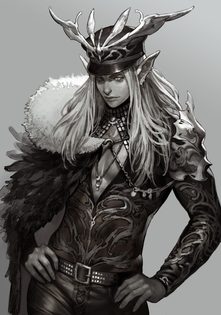 1boy belt black_cape black_hat cape cleavage_cutout earrings elf fur_trim grey_background greyscale hands_on_hips hat highres jewelry kyoung_hwan_kim long_hair looking_at_viewer monochrome necklace original pointy_ears solo standing