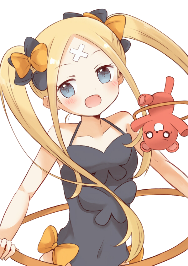 1girl :d abigail_williams_(fate/grand_order) alternate_costume alternate_hairstyle bangs bare_arms bare_shoulders black_bow black_leotard blue_eyes blush bow bug butterfly collarbone commentary_request covered_navel crossed_bandaids eyebrows_visible_through_hair fate/grand_order fate_(series) hair_bow head_tilt hikkii hoop insect leotard long_hair open_mouth orange_bow parted_bangs simple_background smile solo stuffed_animal stuffed_toy teddy_bear upper_body very_long_hair white_background