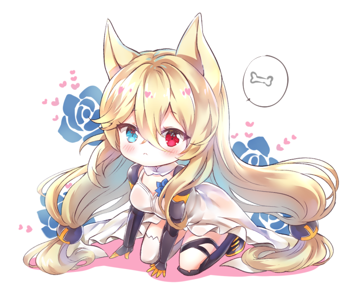 1girl animal_ears arm_support babydoll black_footwear black_legwear blonde_hair blue_eyes blue_flower blue_rose blush breasts cartoon_bone commentary flower fox_ears g41_(girls_frontline) girls_frontline hair_ornament heart heterochromia kneeling long_hair low-tied_long_hair melings_(aot2846) mismatched_legwear red_eyes revision rose shoes small_breasts solo speech_bubble spoken_object thigh-highs very_long_hair white_babydoll white_background white_legwear