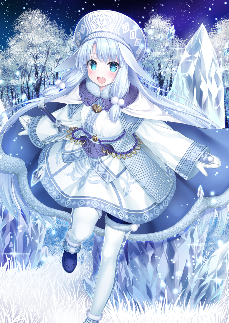 1girl ainu_clothes bangs blue_eyes blush cape fate/grand_order fate_(series) fushimi_(fukumi) grass hair_between_eyes hat ice long_hair looking_at_viewer mittens open_mouth outdoors silver_hair sitonai sky smile star_(sky) starry_sky very_long_hair white_legwear white_mittens wide_sleeves