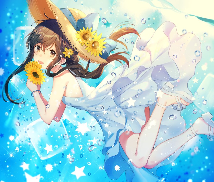 1girl :d achiki blue_bow blue_ribbon bow brown_eyes brown_hair dress flower full_body hair_between_eyes hair_flower hair_ornament hat hat_bow hat_flower hat_ribbon holding holding_flower long_hair looking_at_viewer open_mouth original ponytail ribbon sidelocks sleeveless sleeveless_dress smile solo star straw_hat sun_hat sundress sunflower white_dress yellow_flower yellow_hat