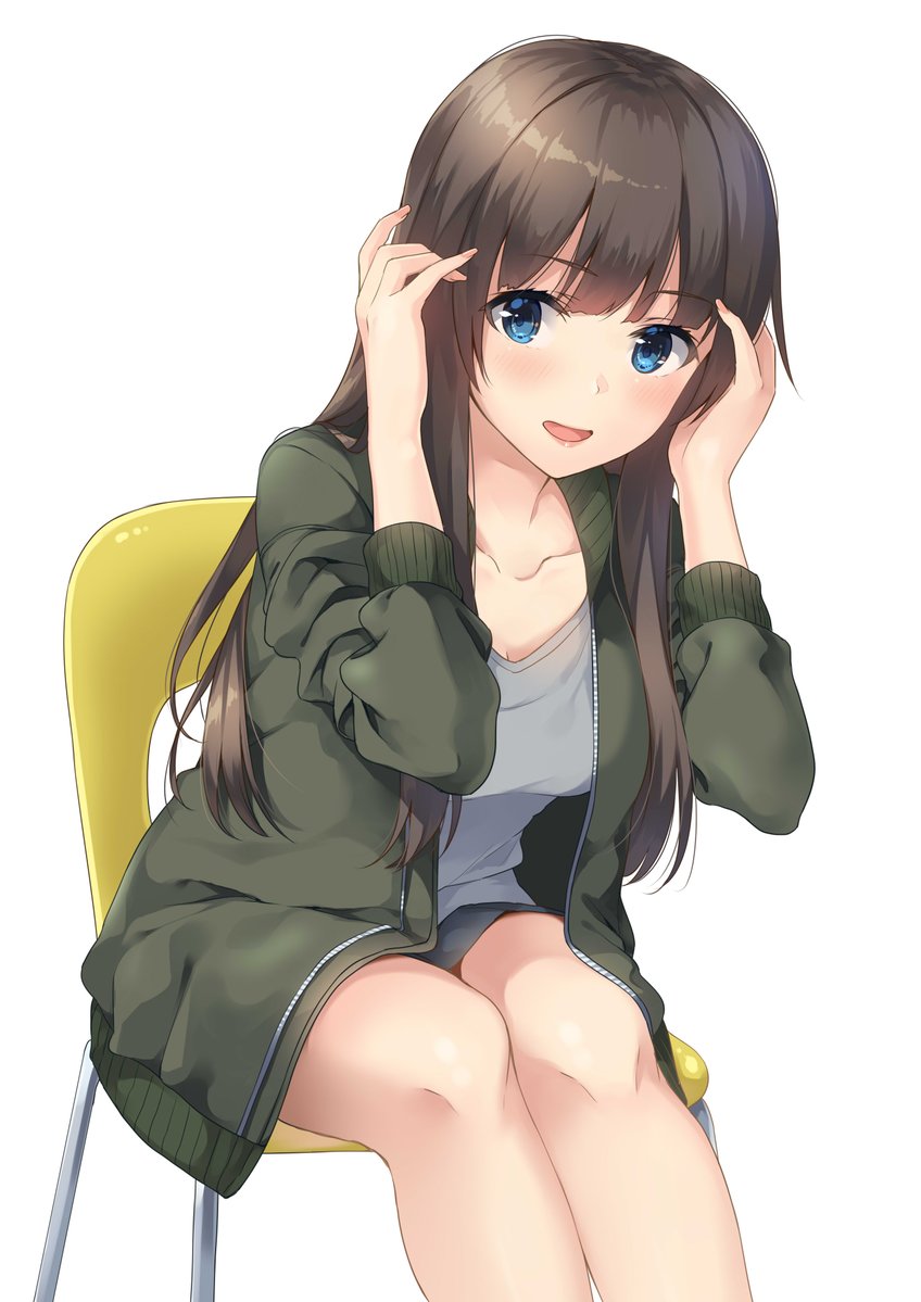 1girl :d bangs black_shorts blue_eyes blush breasts brown_hair chair cleavage collarbone eyebrows_visible_through_hair green_jacket grey_shirt hands_up jacket leaning_forward long_hair long_sleeves looking_at_viewer medium_breasts open_clothes open_jacket open_mouth original shirt short_shorts shorts sidelocks simple_background sitting smile solo unasaka_ryou white_background