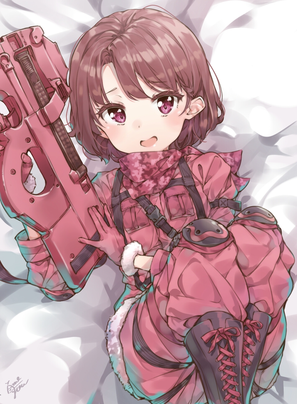 1girl asymmetrical_bangs bandanna bangs blush boots brown_hair bullpup camouflage commentary cross-laced_footwear eyebrows_visible_through_hair eyelashes fur-trimmed_gloves fur_trim gloves gun highres holding holding_gun holding_weapon knee_pads lace-up_boots legs_folded llenn_(sao) looking_at_viewer lying no_hat no_headwear on_back open_mouth p-chan_(p-90) p90 pants parted_bangs pink_gloves pink_pants short_hair solo submachine_gun sword_art_online sword_art_online_alternative:_gun_gale_online takenoko_no_you violet_eyes weapon