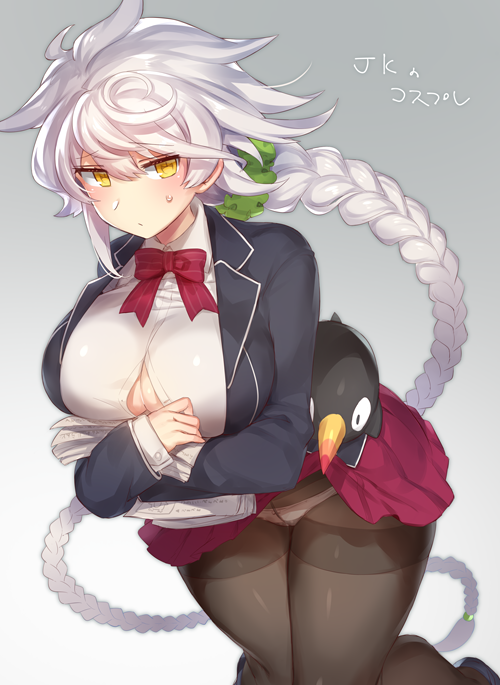 1girl alternate_costume asymmetrical_hair black_legwear blazer blush braid breasts closed_mouth cowboy_shot failure_penguin jacket kantai_collection large_breasts long_hair looking_at_viewer miniskirt open_blazer open_clothes open_jacket panties panties_under_pantyhose pantyhose red_neckwear red_skirt school_uniform shirt silver_hair single_braid skirt thighband_pantyhose translated underwear unryuu_(kantai_collection) very_long_hair wavy_hair white_shirt yamaarashi yellow_eyes