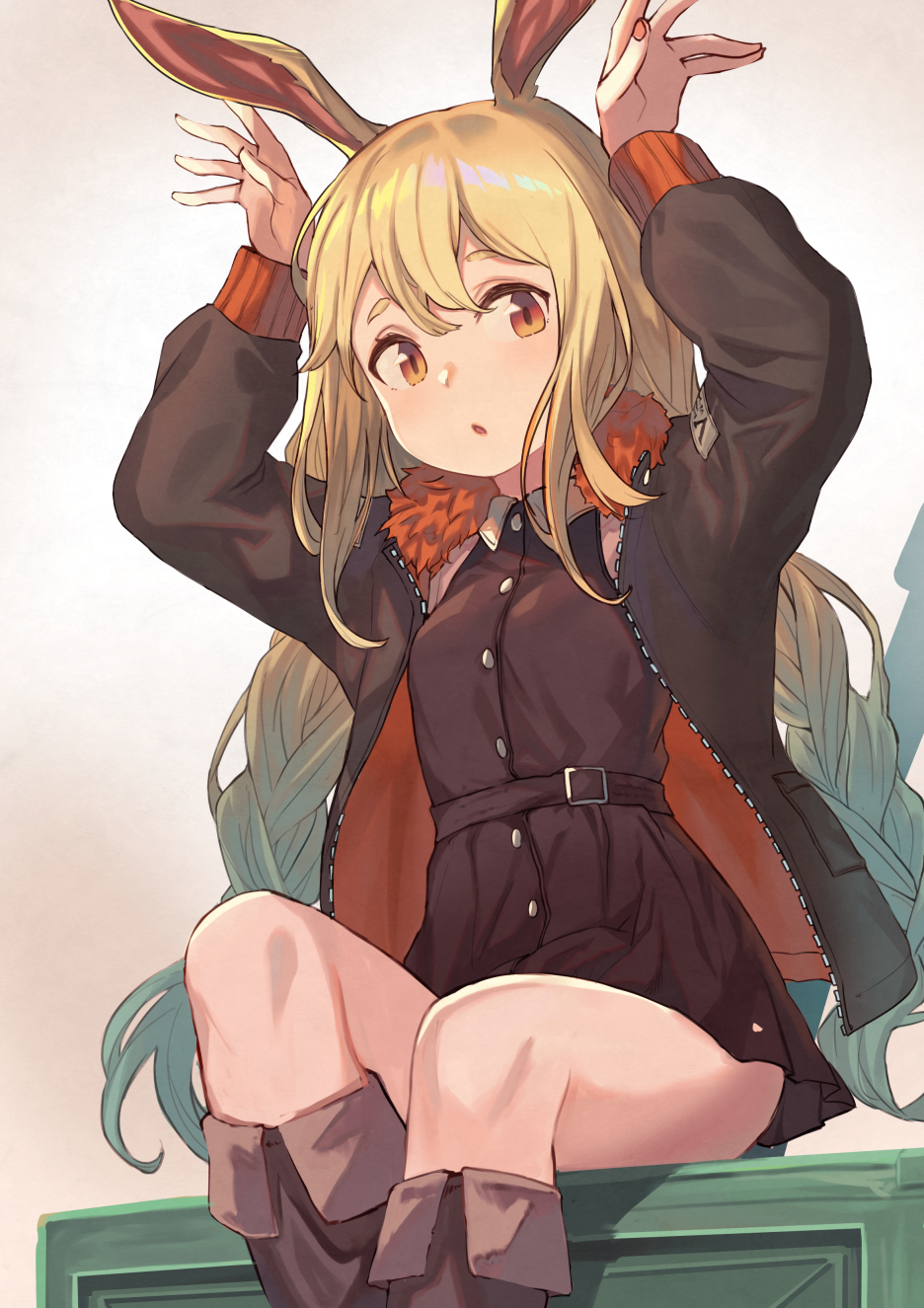 1girl animal_ears arms_up bangs belt blonde_hair boots braid brown_dress brown_eyes brown_footwear bunny_pose cowboy_shot dress fur-trimmed_jacket fur_trim hair_between_eyes highres jacket long_hair looking_at_viewer open_clothes open_mouth original peroncho rabbit_ears short_dress short_eyebrows simple_background sitting sleeve_cuffs sleeveless sleeveless_dress solo twin_braids very_long_hair white_background