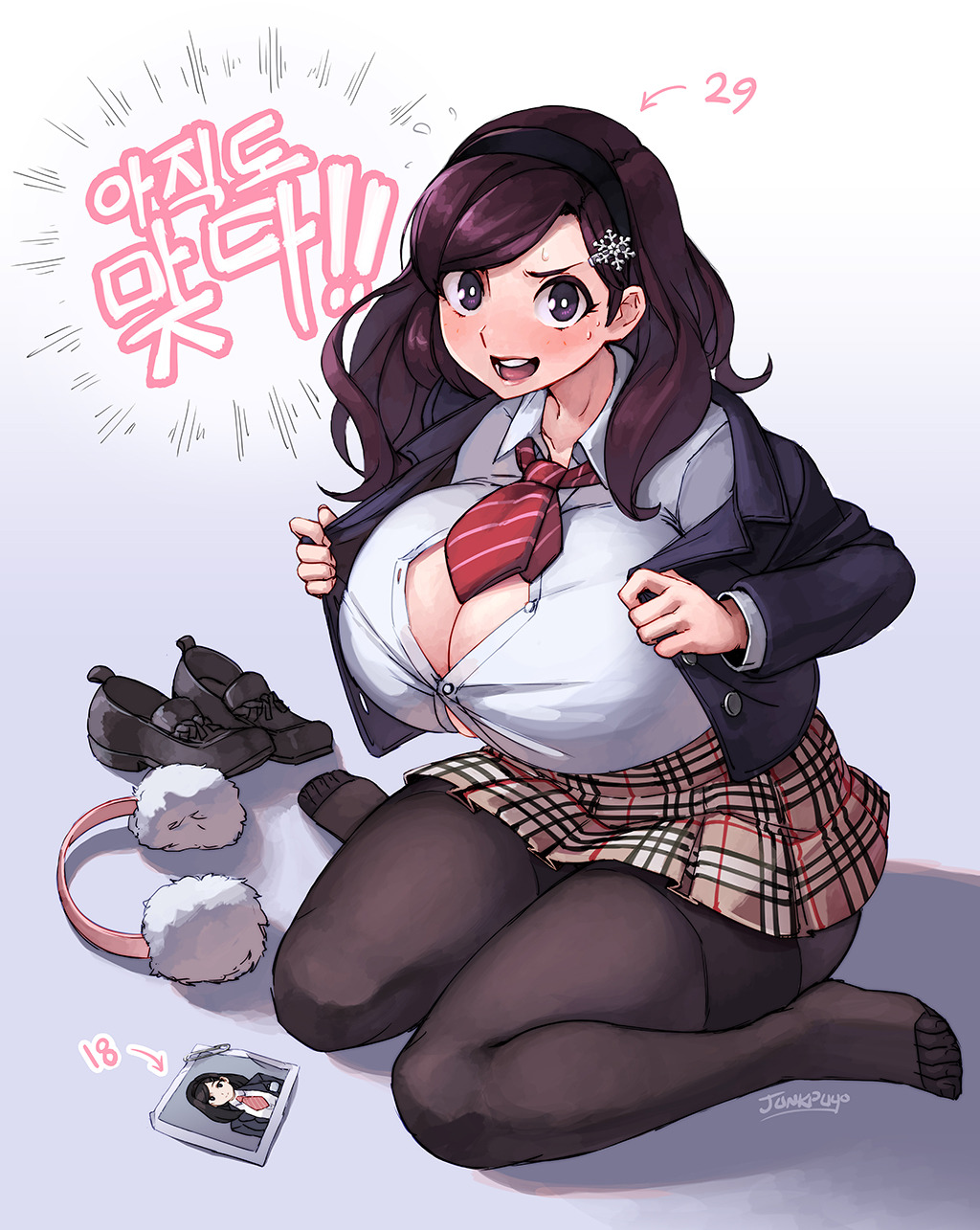 1girl 2018 artist_name beryl_(junkpuyo) blush breasts brown_hair cleavage commentary earmuffs english_commentary full_body hair_ornament hairband hairclip highres huge_breasts junkpuyo lips long_hair looking_at_viewer necktie nervous nervous_smile open_mouth original school_uniform shirt shoes sitting skirt smile snowflake_hair_ornament solo sweat sweatdrop teeth thick_thighs thigh-highs thighs tight tight_shirt violet_eyes