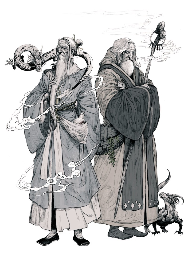 2boys beard crossed_arms dragon facial_hair greyscale hair_ornament hair_stick holding holding_staff jug kyoung_hwan_kim long_hair long_sleeves male_focus monochrome mouth_hold multiple_boys old_man original pipe robe smoking staff standing stroking_beard wide_sleeves