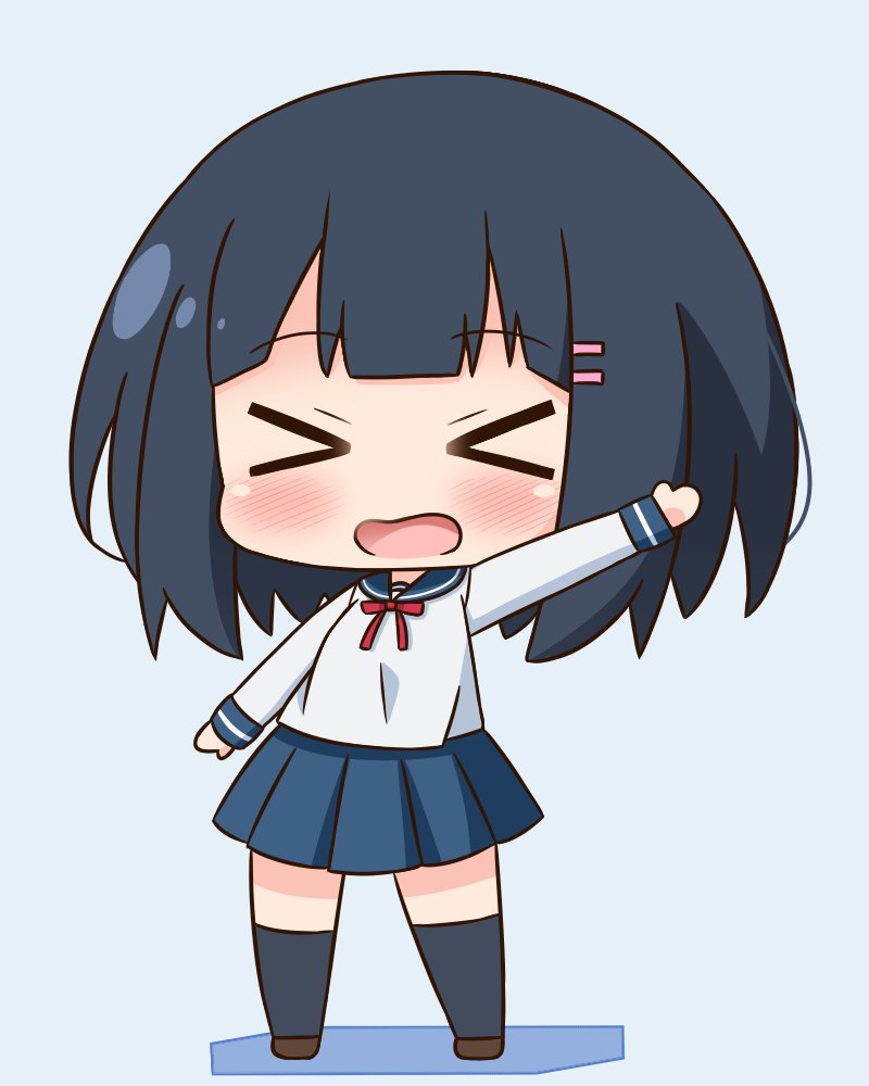 &gt;_&lt; 1girl :d amano_akari bangs black_hair black_legwear blue_background blue_sailor_collar blue_skirt blush brown_footwear chibi closed_eyes eyebrows_visible_through_hair facing_viewer full_body hair_ornament hairclip hana_kazari long_hair long_sleeves neck_ribbon open_mouth outstretched_arm pleated_skirt red_ribbon ribbon sailor_collar school_uniform serafuku shirt skirt smile solo standing thigh-highs tonari_no_kyuuketsuki-san white_shirt xd