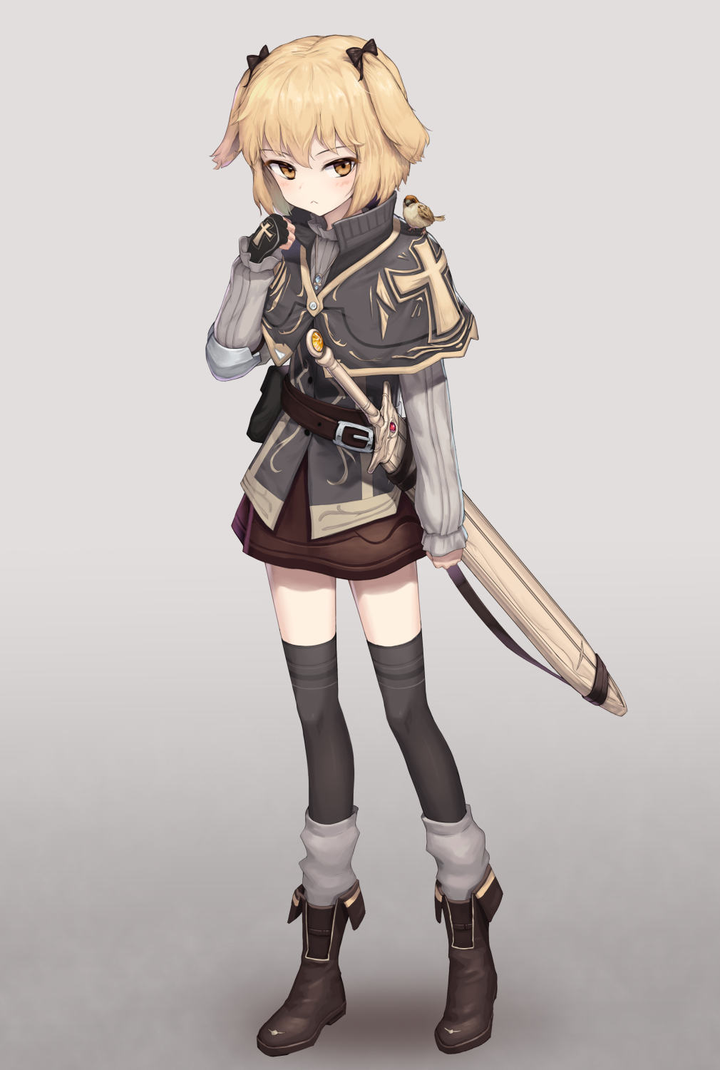 1girl animal animal_ears animal_on_shoulder armor belt bird bird_on_shoulder blonde_hair boots bow capelet commentary_request cross_print dog_ears ear_ribbon elbow_pads expressionless fingerless_gloves full_body gloves highres long_sleeves nieun3568 original pouch ribbed_sweater sheath sheathed short_hair skirt sparrow sweater sword thigh-highs vest weapon yellow_eyes zettai_ryouiki