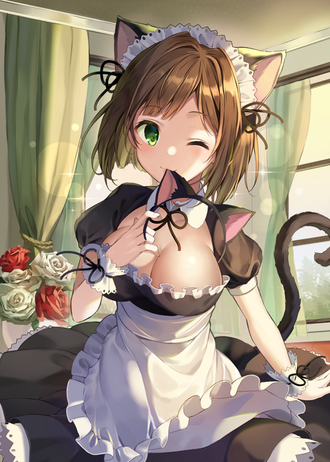 1girl alternate_costume animal_ears apron bangs bob_cut breasts brown_hair cat_ears cat_tail cleavage commentary curtains enmaided eyebrows_visible_through_hair fake_animal_ears flower green_eyes idolmaster idolmaster_cinderella_girls idolmaster_cinderella_girls_starlight_stage indoors large_breasts looking_at_viewer maekawa_miku maid maid_headdress medium_hair mouth_hold one_eye_closed pinb puffy_sleeves short_sleeves solo sparkle symbol_commentary tail upper_body window wrist_cuffs