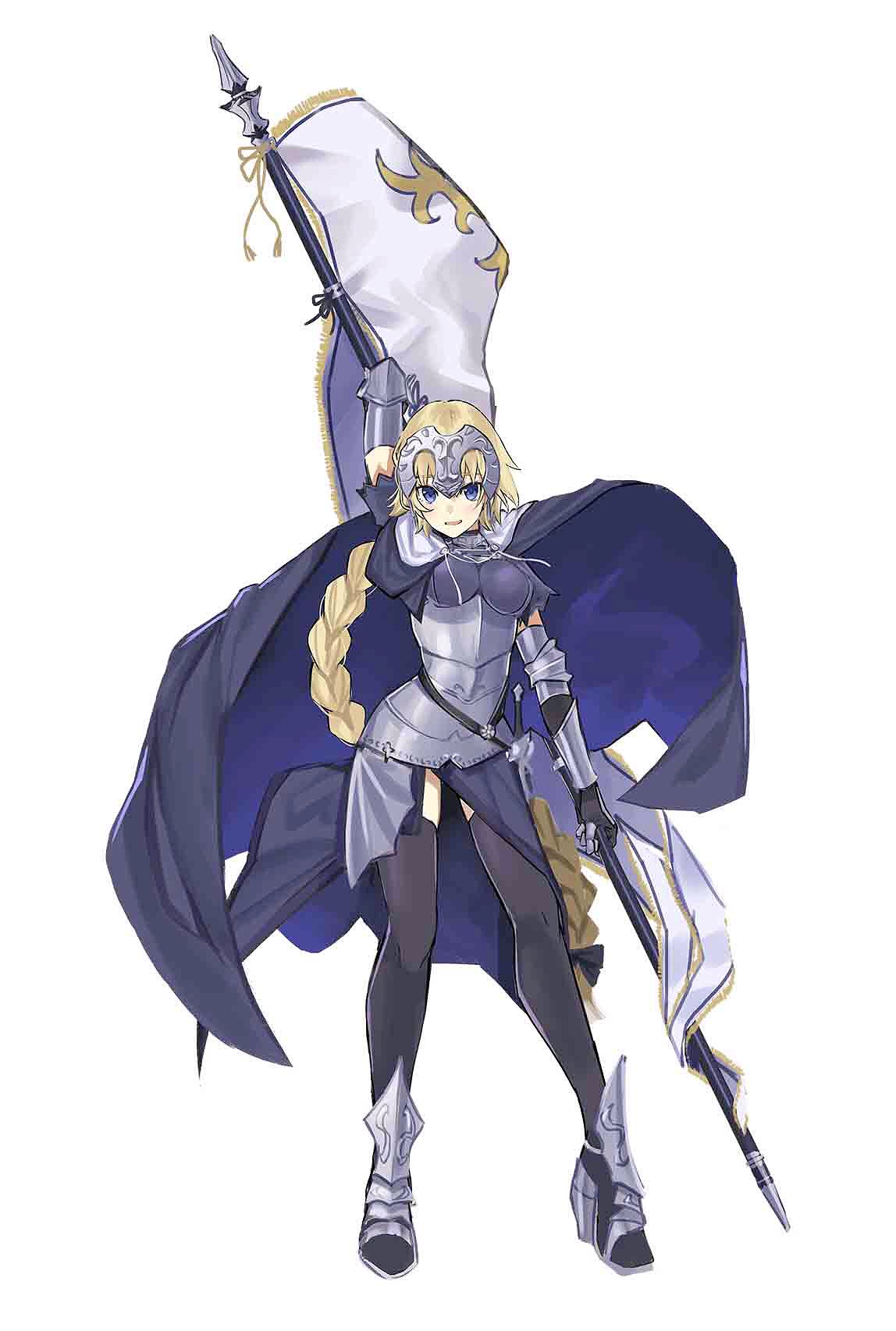 1girl arm_up armor armored_boots armored_dress banner black_cape black_legwear blonde_hair blue_eyes boots braided_ponytail breasts breasts_apart cape fate/apocrypha fate_(series) faulds full_body gauntlets headpiece high_heel_boots high_heels highres holding jeanne_d'arc_(fate) jeanne_d'arc_(fate)_(all) long_hair looking_at_viewer medium_breasts open_mouth ponytail solo standing teshima_nari thigh-highs very_long_hair