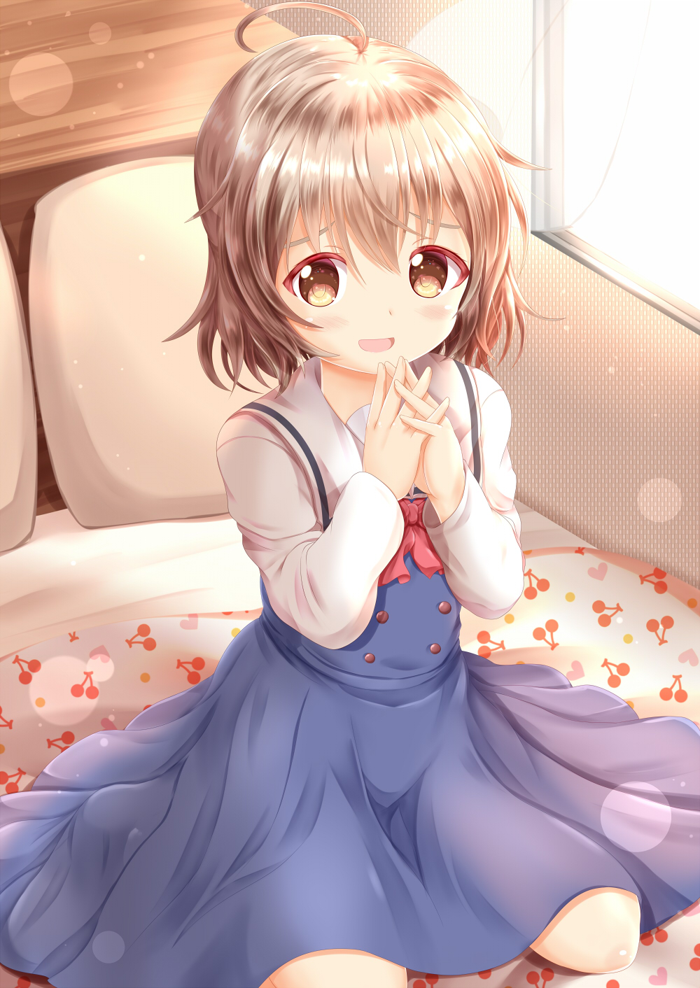 1girl :d ahoge bangs bed_sheet blue_dress blush bow brown_eyes brown_hair cherry_print commentary_request day dress eyebrows_behind_hair food_print hair_between_eyes hands_together hands_up highres indoors interlocked_fingers konomori_kanon long_sleeves looking_at_viewer open_mouth own_hands_together pillow red_bow sailor_collar sailor_dress school_uniform shirt sitting sleeveless sleeveless_dress smile solo sunlight watashi_ni_tenshi_ga_maiorita! white_sailor_collar white_shirt window zenon_(for_achieve)