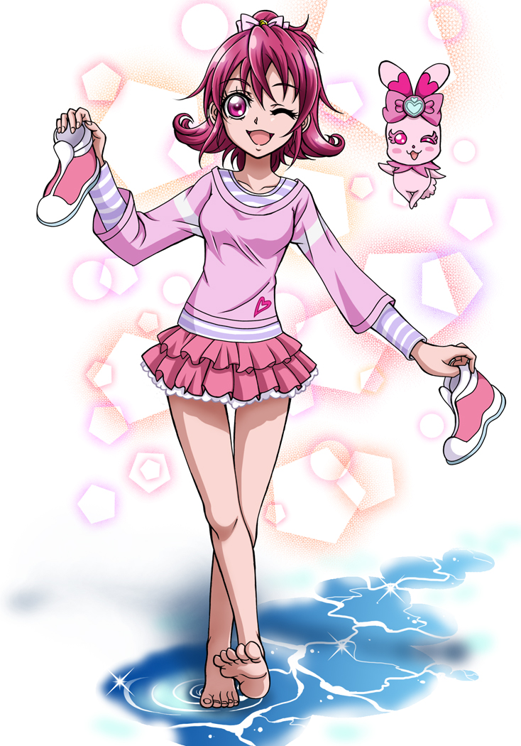 1girl ;d aida_mana barefoot bow dokidoki!_precure eyebrows_visible_through_hair frilled_skirt frills full_body hair_between_eyes hair_bow hanzou heart heart_print holding_foot layered_skirt long_sleeves looking_at_viewer miniskirt one_eye_closed open_mouth pink_bow pink_eyes pink_hair pink_shirt pink_skirt precure print_shirt sharuru_(dokidoki!_precure) shiny shiny_hair shirt short_hair skirt smile soles solo standing striped striped_shirt white_bow
