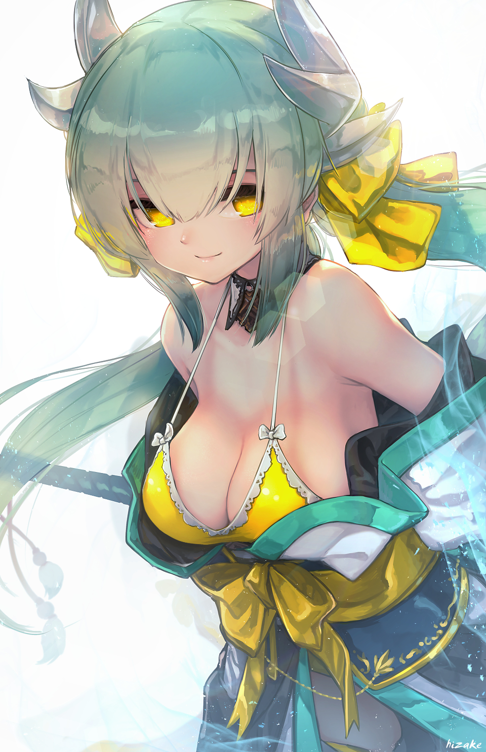 1girl artist_name bikini_top bow breasts cleavage closed_mouth dragon_horns fate/grand_order fate_(series) green_hair hair_between_eyes hair_bow highres horns kashu_(hizake) kiyohime_(fate/grand_order) long_hair looking_to_the_side medium_breasts smile solo swimsuit twintails white_background yellow_bikini_top yellow_bow yellow_eyes