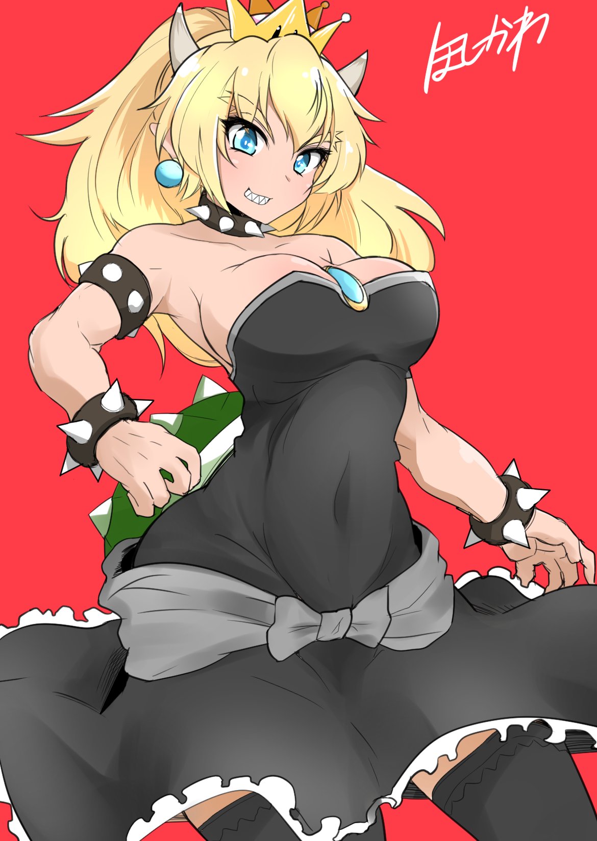 1girl artist_name bangs between_breasts black_collar black_legwear blue_earrings borrowed_design bowsette bracelet breasts brooch cleavage collar commentary_request covered_navel crown dress eyebrows_visible_through_hair full_body grin highres horns hoshikawa_(hoshikawa_gusuku) jewelry large_breasts long_hair looking_at_viewer super_mario_bros. muscle muscular_female new_super_mario_bros._u_deluxe nintendo pointy_ears red_background sharp_teeth short_dress signature simple_background smile solo spiked_armlet spiked_bracelet spiked_collar spiked_shell spikes standing strapless strapless_dress super_crown super_mario_bros. teeth thigh-highs turtle_shell v-shaped_eyebrows