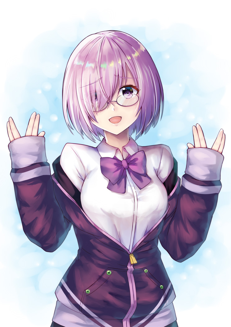 1girl bangs blush bow bowtie breasts collared_shirt cosplay eyebrows_visible_through_hair fate/grand_order fate_(series) glasses hair_over_one_eye hand_up jacket kelinch1 large_breasts lavender_hair long_sleeves looking_at_viewer mash_kyrielight necktie off_shoulder open_clothes open_jacket open_mouth partially_unzipped purple_jacket purple_neckwear shinjou_akane shinjou_akane_(cosplay) shirt short_hair simple_background sleeves_past_wrists ssss.gridman swept_bangs uniform upper_body violet_eyes white_background white_shirt zipper_pull_tab