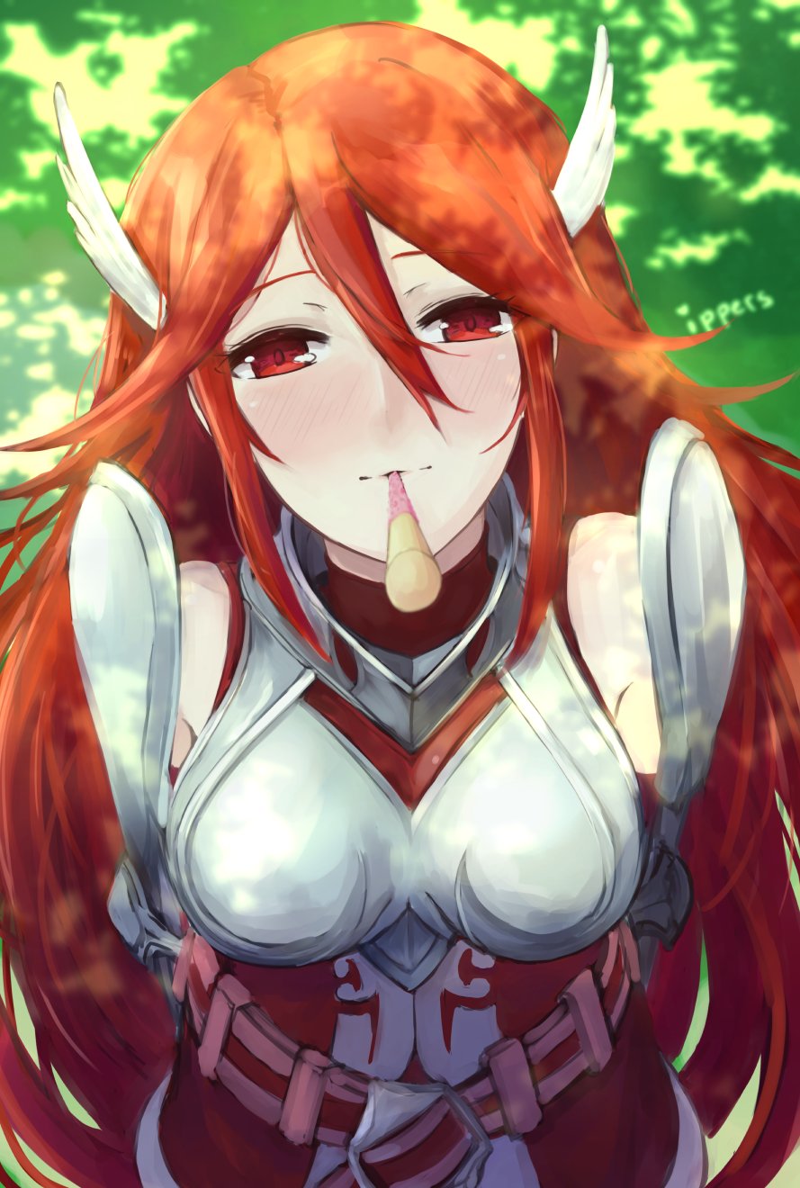 1girl armor blush fire_emblem fire_emblem:_kakusei food hair_ornament highres ippers long_hair looking_at_viewer nintendo pocky red_eyes redhead smile solo cordelia_(fire_emblem) very_long_hair