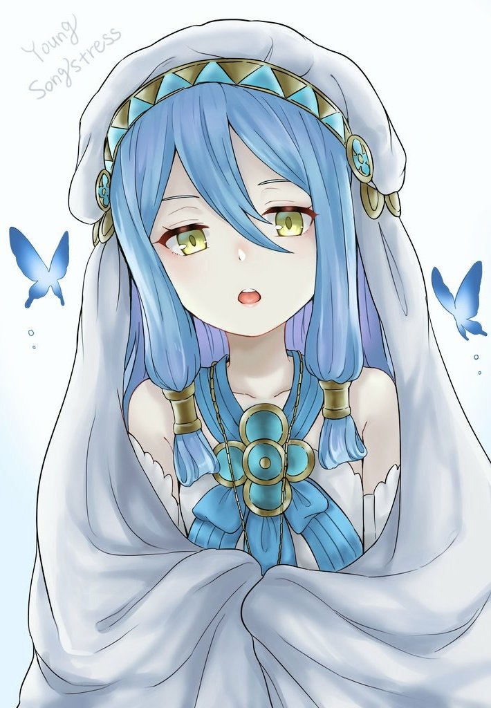 1girl akina_(akn_646) aqua_(fire_emblem_if) aqua_hair bug butterfly fire_emblem fire_emblem_heroes fire_emblem_if hair_between_eyes insect long_hair nintendo open_mouth sidelocks simple_background solo upper_body veil white_background yellow_eyes younger