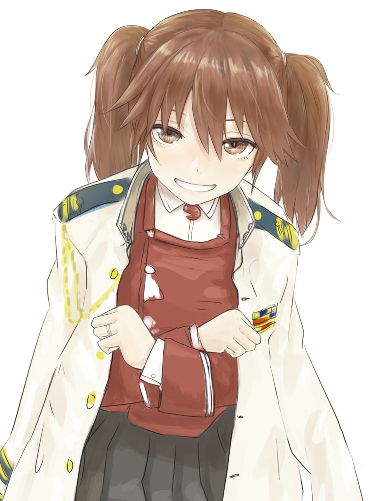 1girl black_skirt brown_eyes brown_hair clothes_on_shoulders commentary_request grin japanese_clothes kantai_collection kariginu long_hair looking_at_viewer magatama military military_uniform naval_uniform nito_(nshtntr) pleated_skirt ryuujou_(kantai_collection) skirt smile solo twintails uniform visor_cap