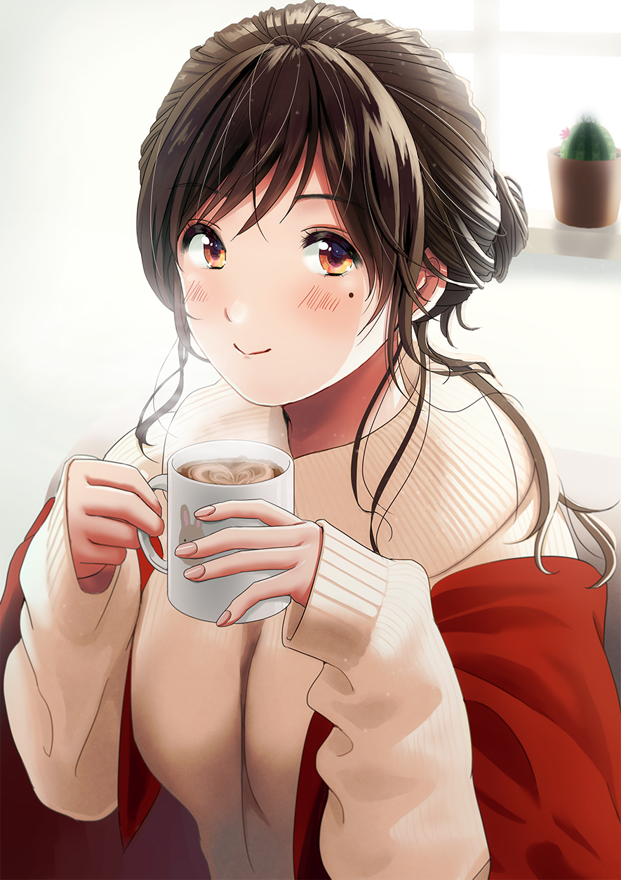 1girl blush brown_eyes brown_hair cactus cup hair_bun highres holding holding_cup indoors latte_art long_sleeves looking_at_viewer medium_hair mole mole_under_eye mueririko mug original plant potted_plant smile sweater window