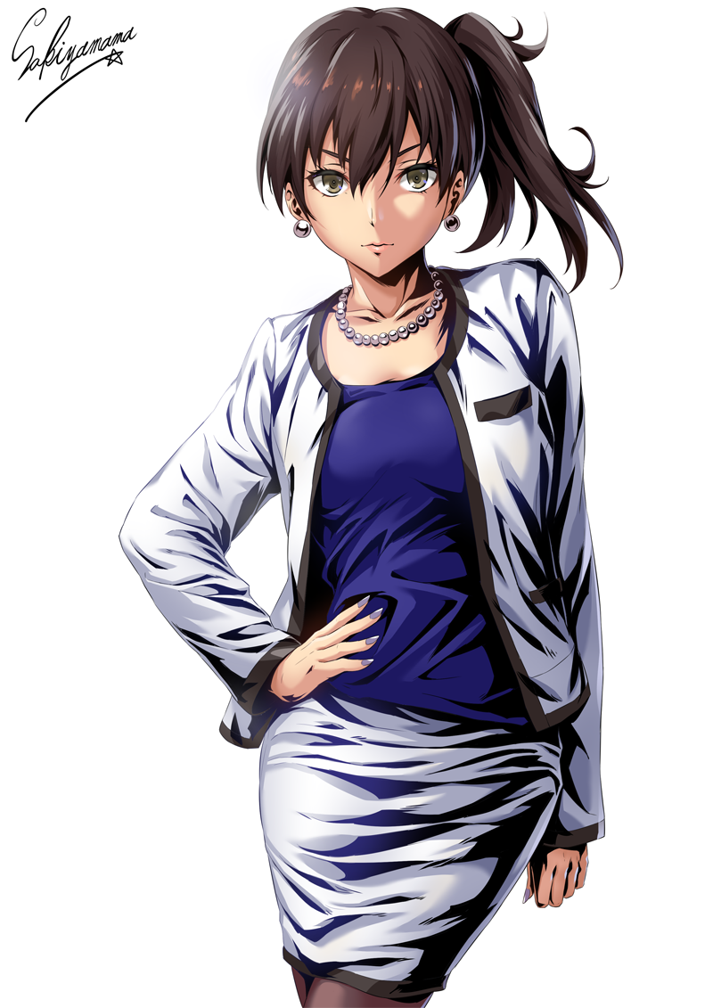 1girl alternate_costume blouse breast_pocket breasts brown_eyes brown_hair closed_mouth collarbone earrings expressionless fingernails hair_between_eyes hand_on_hip jacket jewelry kaga_(kantai_collection) kantai_collection long_hair long_sleeves looking_at_viewer medium_breasts nail_polish necklace pantyhose pearl_necklace pencil_skirt pocket purple_blouse purple_nails sakiyamama side_ponytail simple_background skirt solo twitter_username white_background white_jacket white_skirt