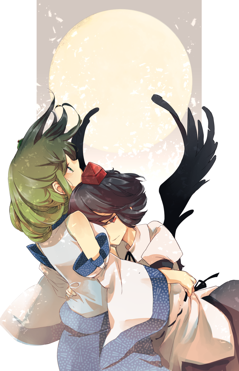 2girls atoki bare_shoulders black_hair black_skirt black_wings blue_skirt closed_mouth commentary_request detached_sleeves green_eyes green_hair hat highres hug japanese_clothes juliet_sleeves kochiya_sanae long_hair long_sleeves looking_up moon multiple_girls polka_dot profile puffy_short_sleeves puffy_sleeves red_eyes ribbon_trim shameimaru_aya shirt short_hair short_sleeves sidelocks simple_background skirt tokin_hat touhou white_shirt wide_sleeves wings