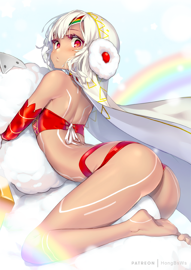 1girl altera_(fate) altera_the_santa arched_back ass back bangs bare_legs bare_shoulders barefoot blush closed_mouth commentary_request dark_skin detached_sleeves earmuffs eyebrows_visible_through_hair fate/grand_order fate_(series) hong_(white_spider) looking_at_viewer looking_to_the_side patreon_username red_eyes sheep short_hair solo veil white_hair