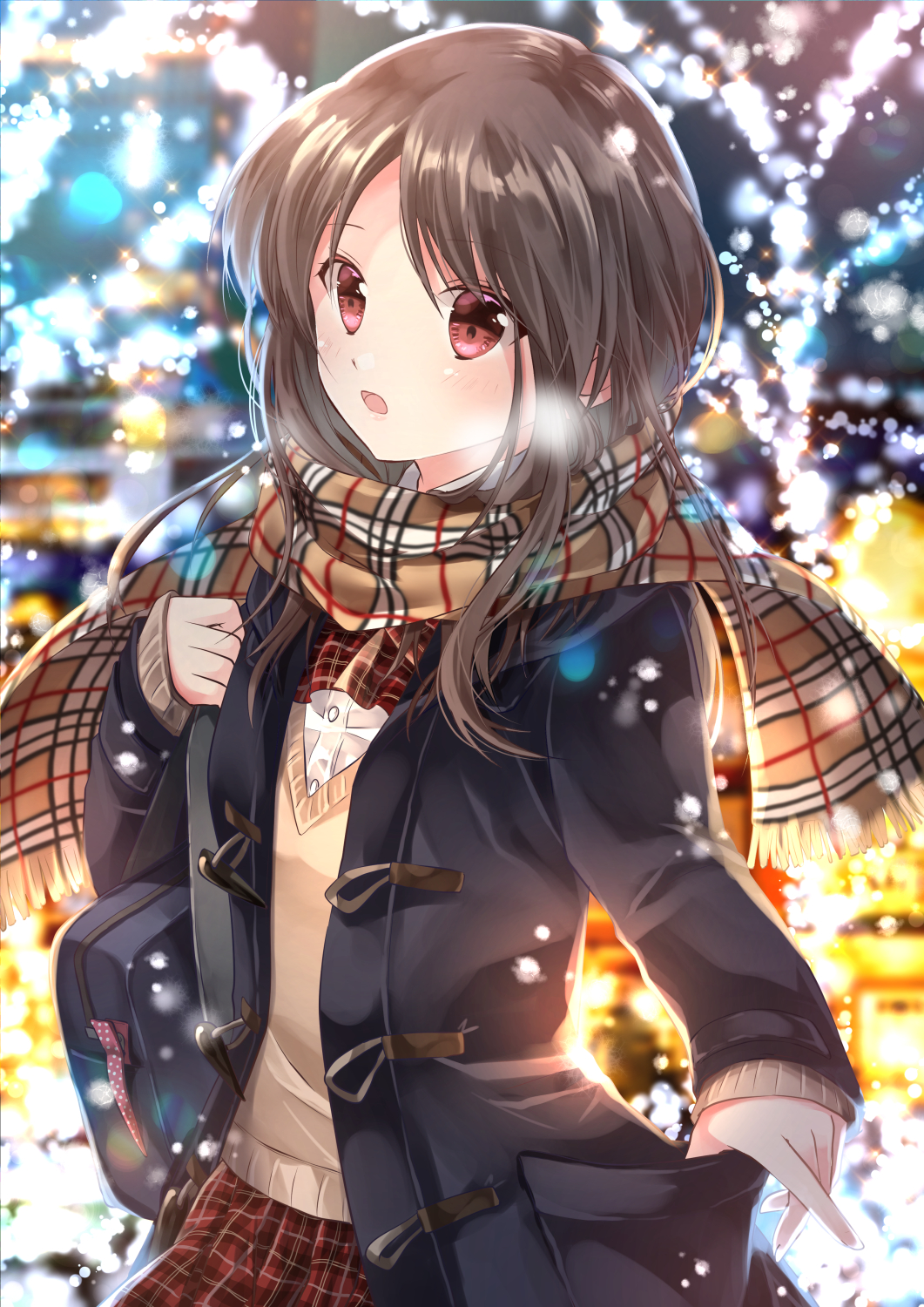 1girl bangs black_coat blurry blurry_background blush brown_hair brown_scarf brown_sweater coat commentary_request depth_of_field dress_shirt duffel_coat enpera eyebrows_visible_through_hair fringe_trim hair_between_eyes head_tilt highres iroha_(shiki) long_hair long_sleeves looking_at_viewer open_clothes open_coat original parted_lips plaid plaid_scarf plaid_skirt pleated_skirt red_eyes red_skirt scarf shirt skirt sleeves_past_wrists snow solo sweater white_shirt