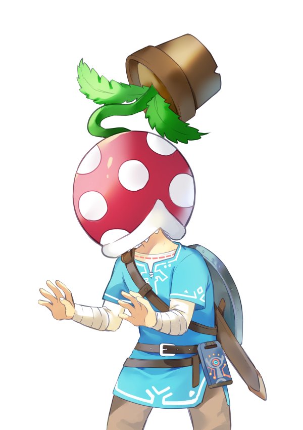 1boy biting blonde_hair gloves link male_focus super_mario_bros. nintendo oboro_keisuke piranha_plant plant shield simple_background solo super_mario_bros. super_smash_bros. super_smash_bros._ultimate the_legend_of_zelda the_legend_of_zelda:_breath_of_the_wild white_background