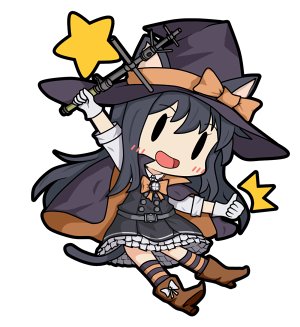 1girl animal_ears asashio_(kantai_collection) bamomon black_dress black_hair boots bow bowtie cape cat_ears dress fairy_(kantai_collection) gloves halloween hat kantai_collection long_hair lowres star striped striped_legwear tail thumbs_up wand white_gloves witch witch_hat |_|