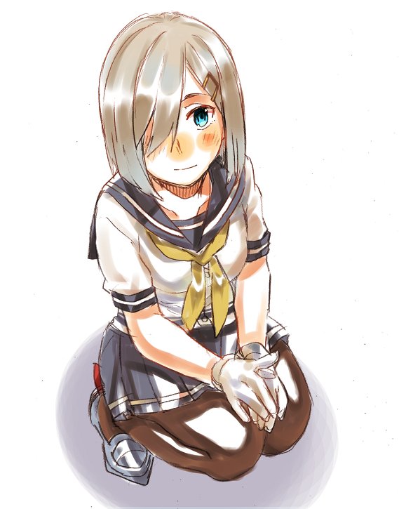 1girl blue_eyes brown_legwear from_above full_body gloves grey_sailor_collar grey_skirt hair_ornament hair_over_one_eye hairclip hamakaze_(kantai_collection) kantai_collection looking_at_viewer neckerchief pantyhose pleated_skirt sagamiso sailor_collar school_uniform serafuku short_hair short_sleeves silver_hair simple_background skirt solo squatting white_background white_gloves yellow_neckwear