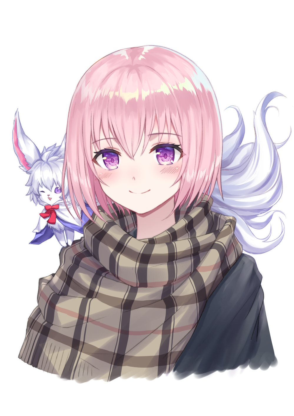 1girl bangs blush bow closed_mouth commentary_request creature eyebrows_visible_through_hair fate/grand_order fate_(series) fou_(fate/grand_order) hair_between_eyes highres mash_kyrielight on_shoulder one_eye_closed pink_hair plaid red_bow seungju_lee short_hair simple_background smile upper_body violet_eyes white_background