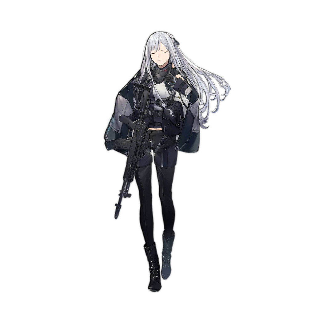 1girl ak-12_(girls_frontline) ankle_boots assault_rifle bag bangs belt black_footwear black_gloves black_jacket black_pants boots braid breasts brown_background closed_eyes closed_mouth collar copyright_name duoyuanjun facing_viewer french_braid full_body girls_frontline gloves gradient gradient_background gun jacket jacket_on_shoulders long_hair long_sleeves looking_at_viewer medium_breasts official_art open_clothes open_jacket pale_skin pants rifle shadow simple_background smile straight_hair underbust walking weapon white_hair