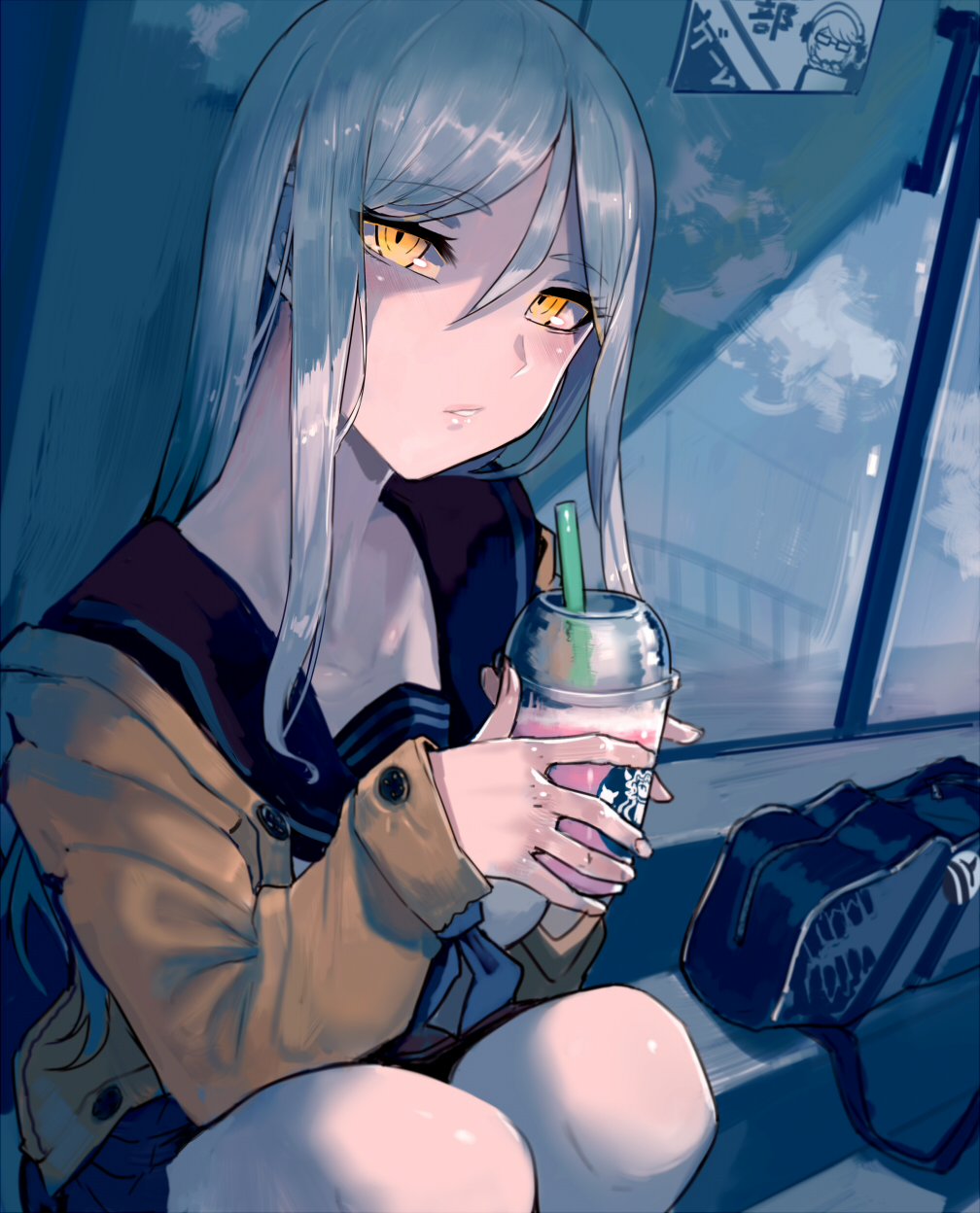 1girl bag bench commentary_request cup drinking_straw hair_between_eyes headphones highres holding holding_cup kantai_collection long_hair looking_at_viewer parted_lips pleated_skirt sailor_collar school_bag school_uniform sidelocks sitting skirt starbucks starbucks_siren supply_depot_hime sweater ta-class_battleship walzrj white_hair window yellow_eyes