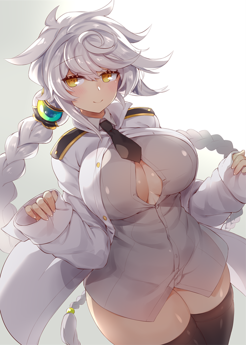 1girl admiral_(kantai_collection) admiral_(kantai_collection)_(cosplay) alternate_costume black_neckwear blouse blush braid breasts bursting_breasts cosplay cowboy_shot eyebrows_visible_through_hair grey_blouse hair_ornament kantai_collection large_breasts long_braid long_hair looking_at_viewer military military_uniform necktie shiny shiny_skin simple_background single_braid sleeves_past_wrists smile solo thigh-highs thighs uniform unryuu_(kantai_collection) very_long_hair white_background yamaarashi yellow_eyes