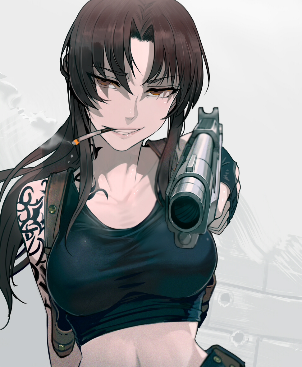 1girl aiming_at_viewer belt beretta_92 black_lagoon breasts brown_eyes brown_hair bullet_hole cigarette commentary_request fingerless_gloves gloves grin gun hair_intakes handgun holding holding_gun holding_weapon holster long_hair looking_at_viewer medium_breasts mouth_hold navel pistol ponytail revy_(black_lagoon) shadow shoulder_holster shoulder_tattoo smile smoke solo tank_top tattoo upper_body walzrj weapon