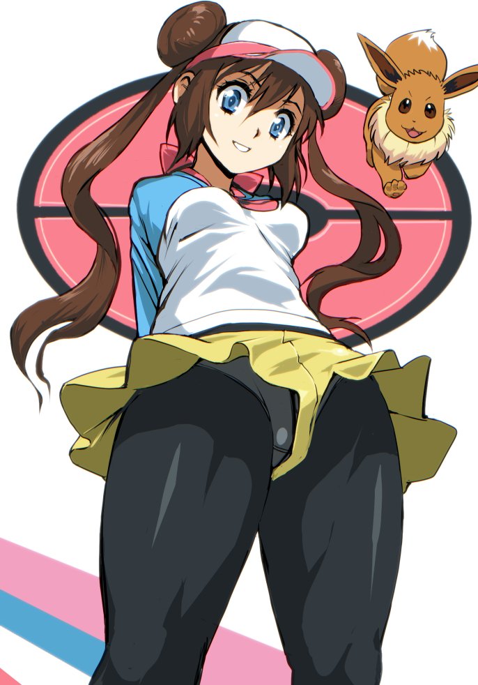 1girl black_legwear blue_eyes blush breasts brown_hair closed_mouth commentary_request creatures_(company) crotch crotch_seam double_bun eevee from_below game_freak gen_1_pokemon legwear_under_shorts long_hair medium_breasts mei_(pokemon) nintendo panties panties_under_pantyhose pantyhose pantyhose_under_shorts pokemon pokemon_(creature) pokemon_(game) pokemon_bw2 raglan_sleeves shorts smile thighs twintails underwear upshorts visor_cap yuya