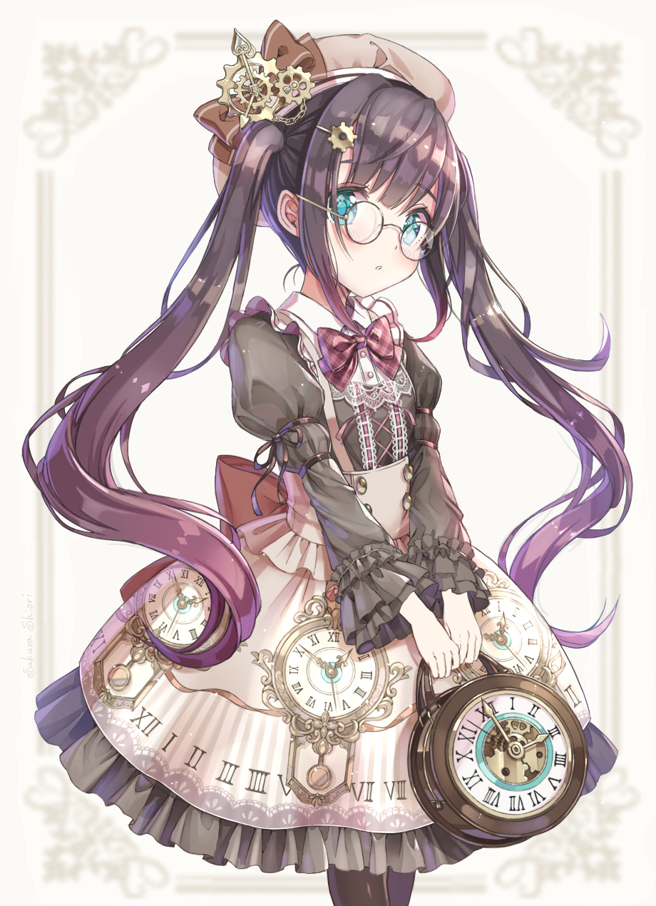 1girl aqua_eyes bangs beret black_dress black_hair black_legwear blurry blurry_background blush bow bowtie brown_bow brown_hat buttons clock clock_hair_ornament commentary_request dress frame frilled_dress frills gear_hair_ornament glasses gothic_lolita gradient_hair hair_intakes hair_ornament hairclip hat hat_bow highres holding juliet_sleeves lolita_fashion long_hair long_sleeves looking_at_viewer multicolored_hair original parted_lips plaid_neckwear puffy_sleeves purple_hair red_neckwear roman_numerals round_eyewear shiori_(xxxsi) sidelocks simple_background solo standing twintails underbust very_long_hair wavy_hair wing_collar