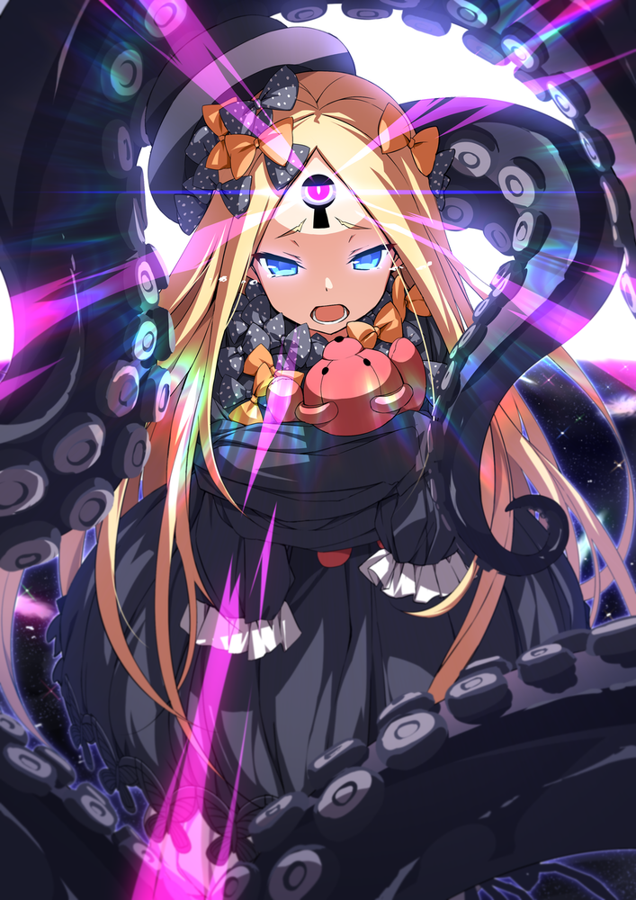 1girl abigail_williams_(fate/grand_order) bangs black_bow black_dress black_hat blonde_hair blue_eyes bow bug butterfly commentary_request dress fate/grand_order fate_(series) glowing glowing_eyes hair_bow hat insect long_hair long_sleeves looking_at_viewer object_hug open_mouth orange_bow parted_bangs polka_dot polka_dot_bow sleeves_past_fingers sleeves_past_wrists solo star_(sky) stuffed_animal stuffed_toy suction_cups teddy_bear tentacle tilted_headwear tsurime ugume very_long_hair