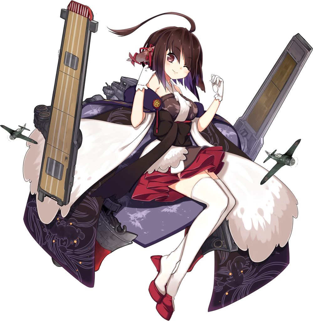 1girl ahoge aircraft airplane artist_request azur_lane bare_shoulders blush breasts brown_eyes brown_hair character_request closed_mouth eyebrows_visible_through_hair full_body gloves large_breasts looking_at_viewer official_art one_eye_closed red_ribbon ribbon short_hair smile solo thigh-highs transparent_background white_gloves white_legwear