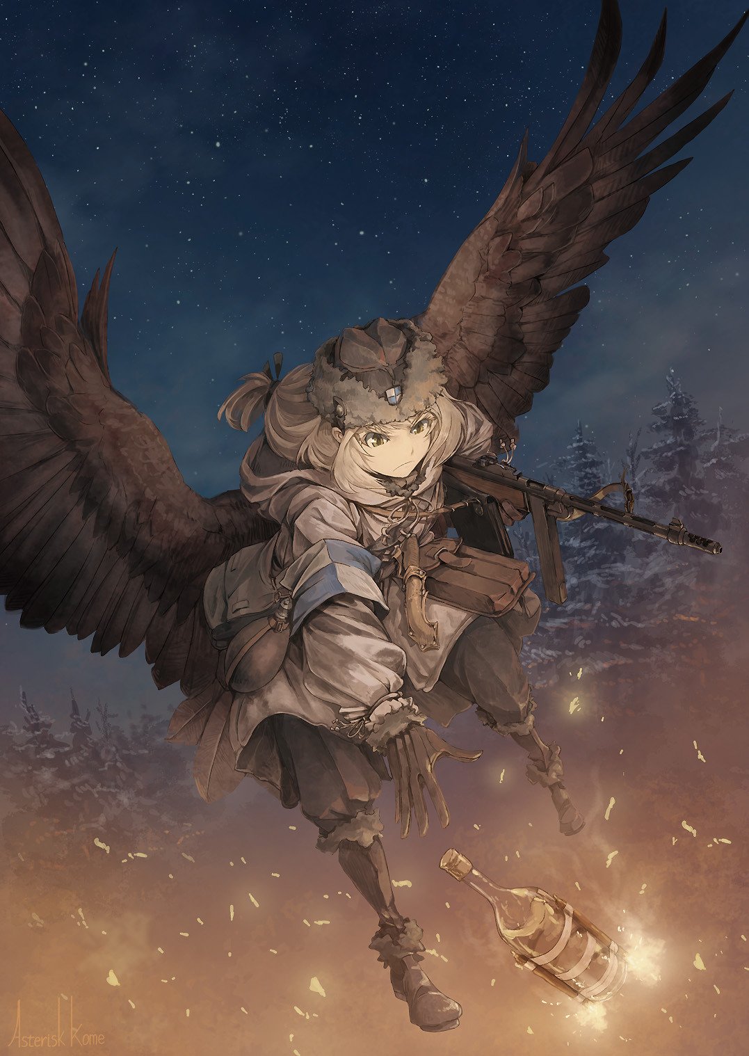 1girl ammunition_pouch asterisk_kome blonde_hair boots bottle cold fire flying fur_hat fur_trim gloves gun hat highres military military_uniform molotov_cocktail original pouch snow solo submachine_gun tree uniform ushanka weapon wings winter_clothes