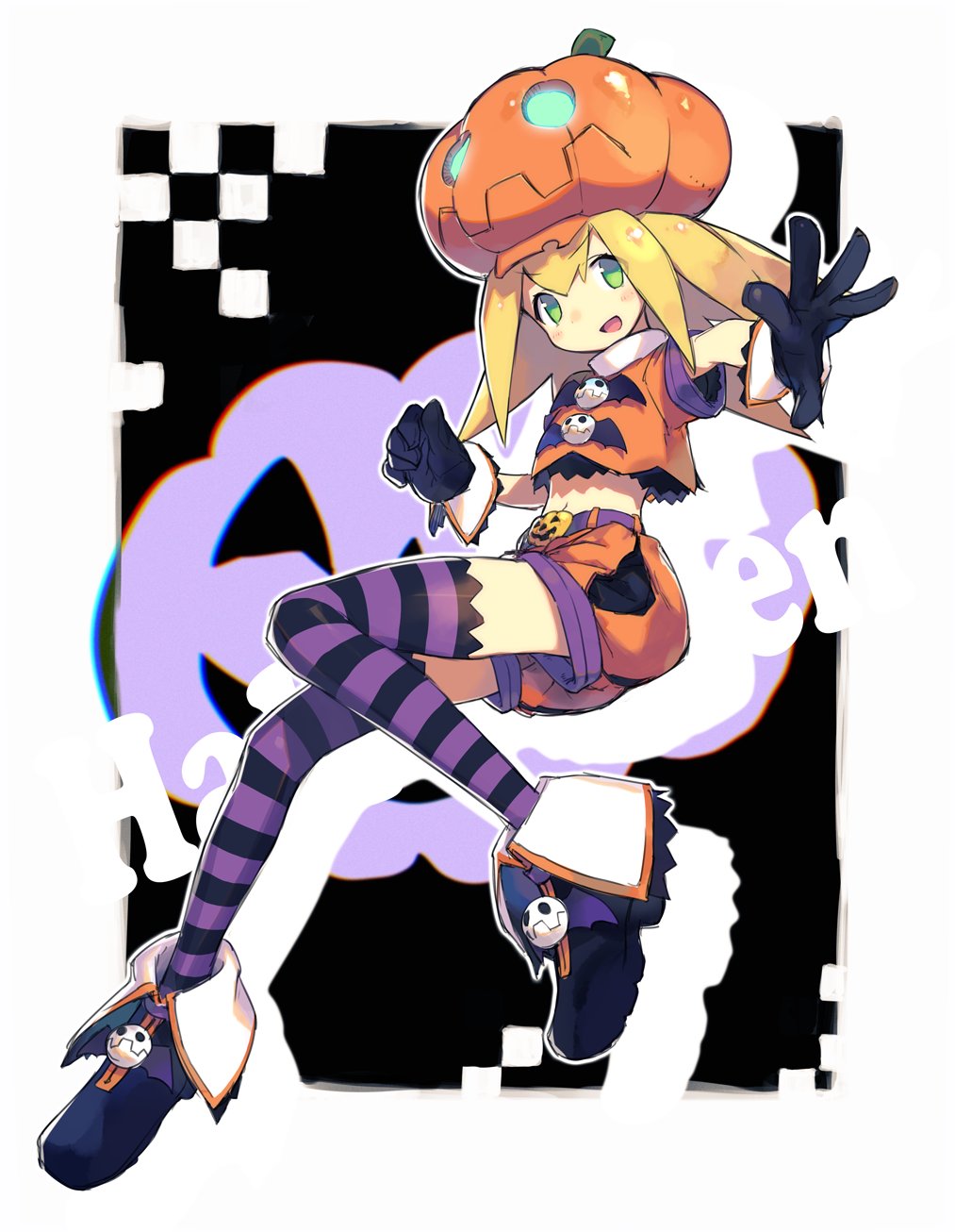 1girl belt black_footwear black_gloves blonde_hair blush clenched_hand crop_top female full_body gloves green_eyes halloween halloween_costume hat highres jack-o'-lantern jiyu2 long_hair midriff navel open_mouth orange_shorts pumpkin pumpkin_hat rockman rockman_dash roll_caskett short_shorts short_sleeves shorts smile solo striped striped_legwear thigh-highs